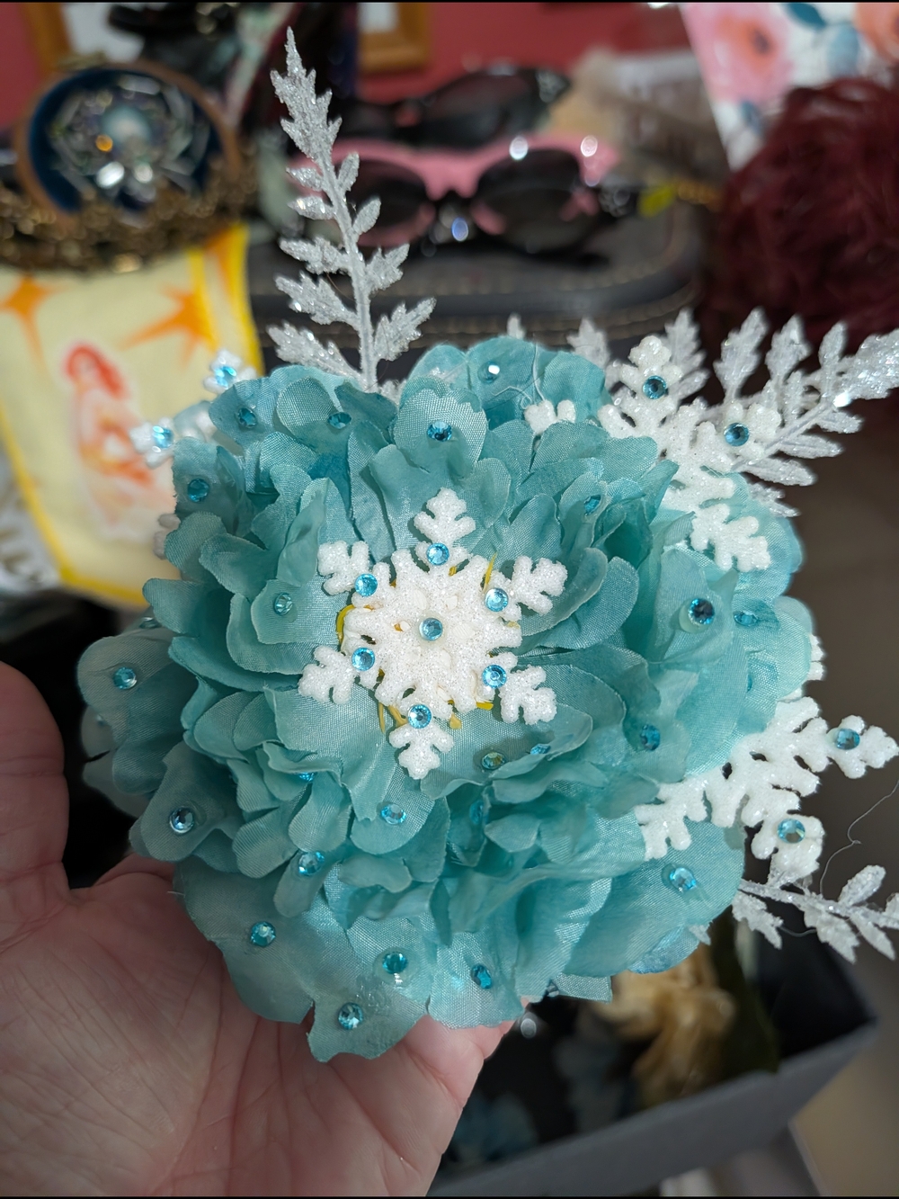 🩵 Handmade TealFloral Hair Clip with Sparkling Snowflake And Rhinestone Accents